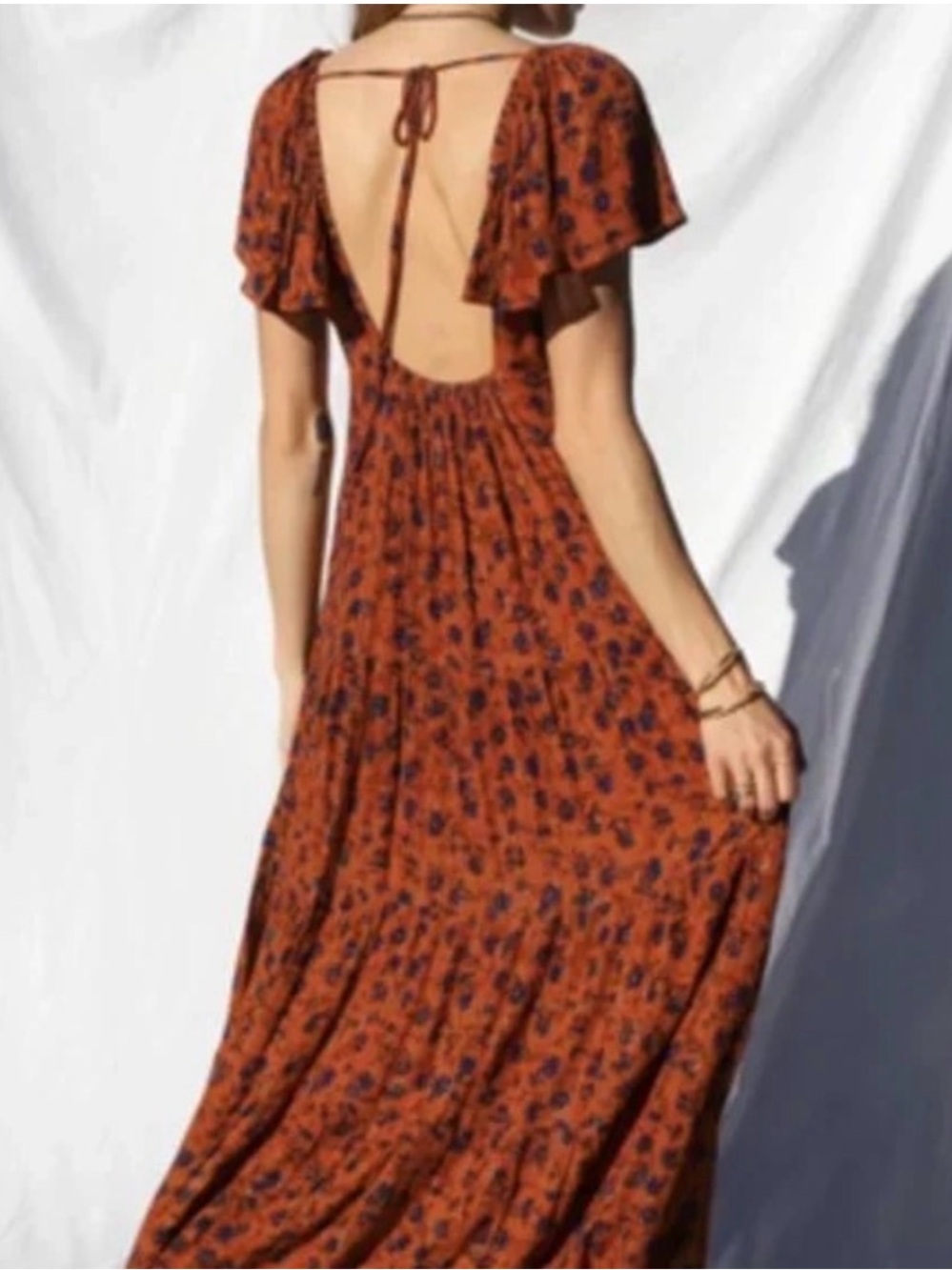 Jen’s Pirate Booty Rust Floral Maxi Boho Dress with Deep V-Neck OBO Glitter Gold - Picture 3 of 13